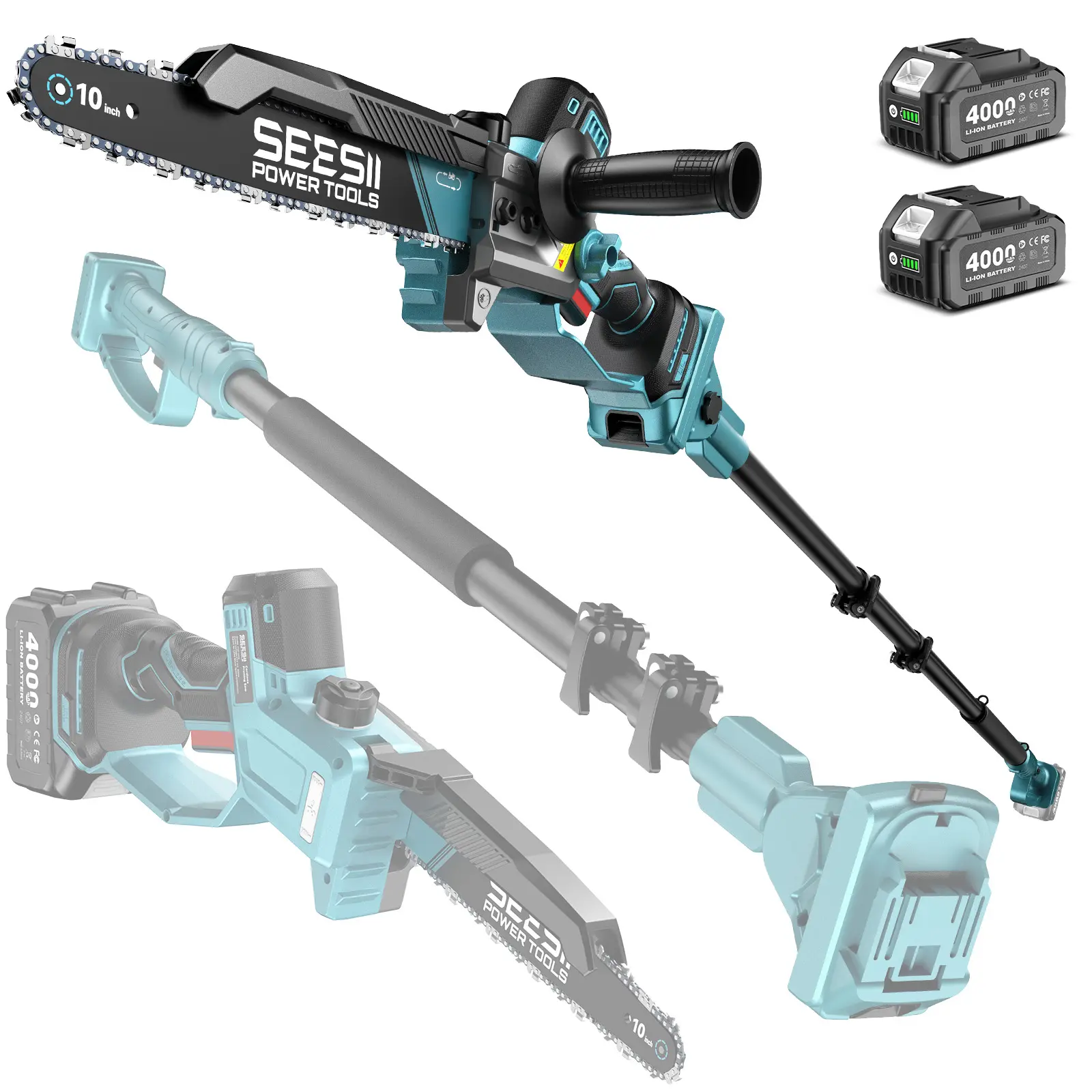 SEESII (10/8)-Inch 2-in-1 Cordless Pole Saw & Mini Chainsaw, 900W Brushless Motor & 2 x 4.0Ah 21V Batteries, 16Ft Max Reach & 14 Piece Kit for Tree Trimming P10 Uniq/P8 Ace/P6 Ace CHT11