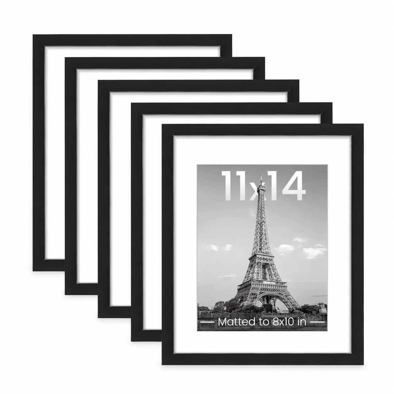11x14 Picture Frame Set of 5, Perfect for Couples & Families, Display Pictures 8x10 with Mat or 11x14 Without Mat, Wall Gallery Photo Frames, Black Decor Plastic Light Bulk