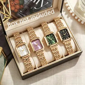 4Pcs Unisex Gold Tone Quartz Wristwatch – Square Alloy Case, Multi-Color, Stylish Gift for Parents & Girlfriends