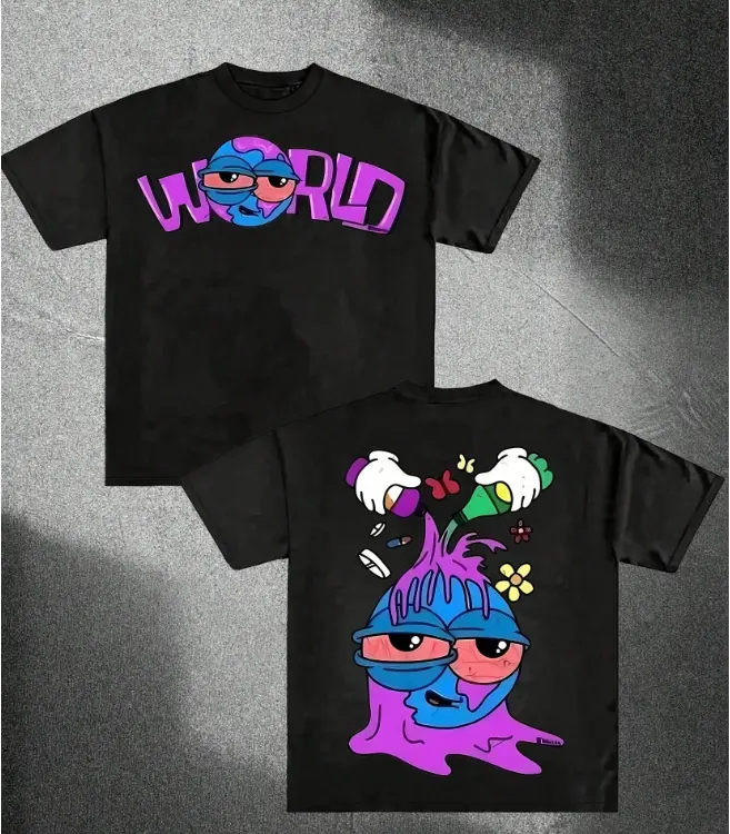 Dual Side Print Trippy Melting Purple Blue Slime Face WORLD Text Paint Bottle Drip Flower Cartoon Graffiti Cotton Tee Summer Cool 100% Psychedelic Hip Hop Trendy Casual Daily Men Outfit