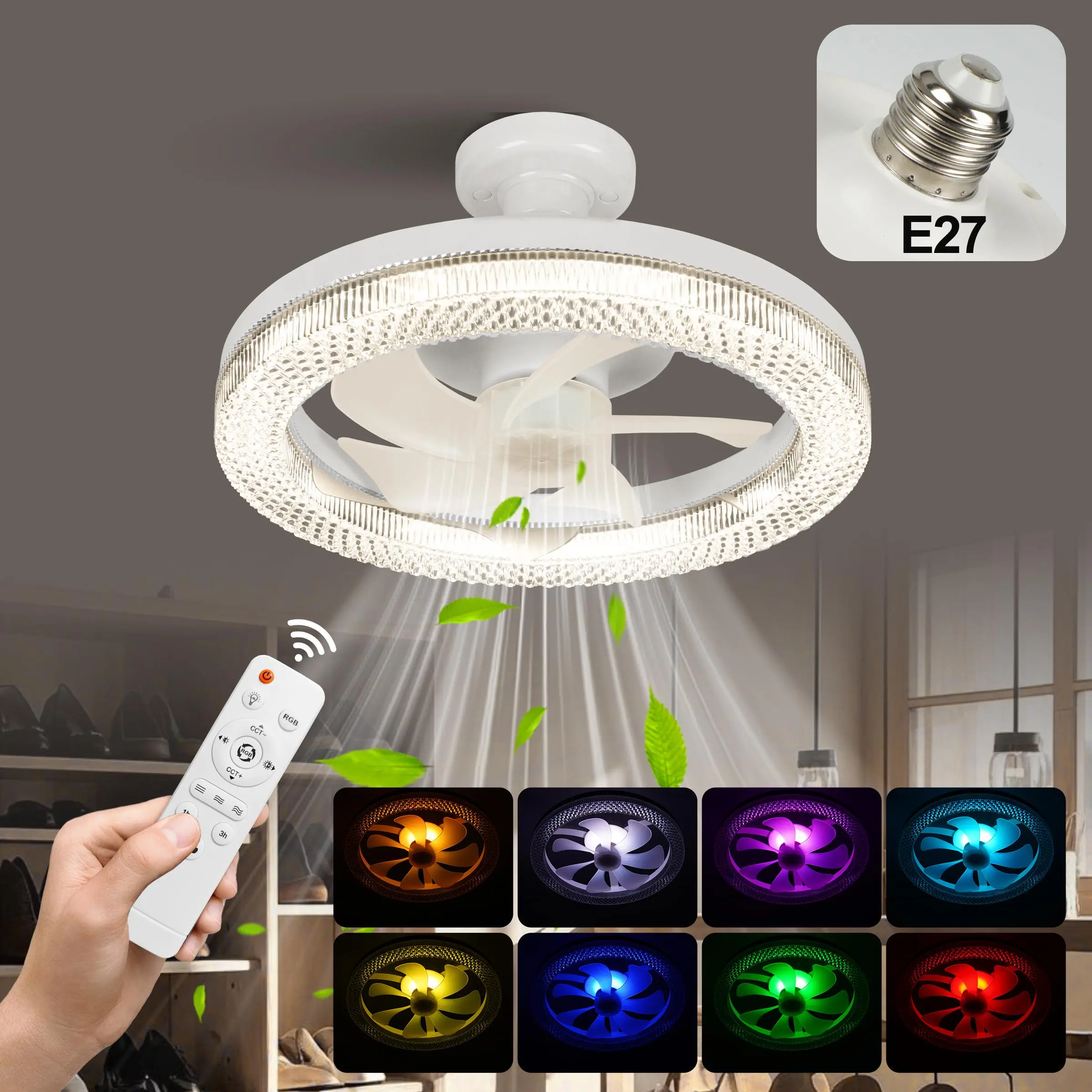 35cm Ceiling Fan Light with Remote Control, 3 Speed Settings, RGB & Adjustable Color Temperature, E27 Base, Easy Installation, Home Ceiling Lighting, Bedroom Lighting