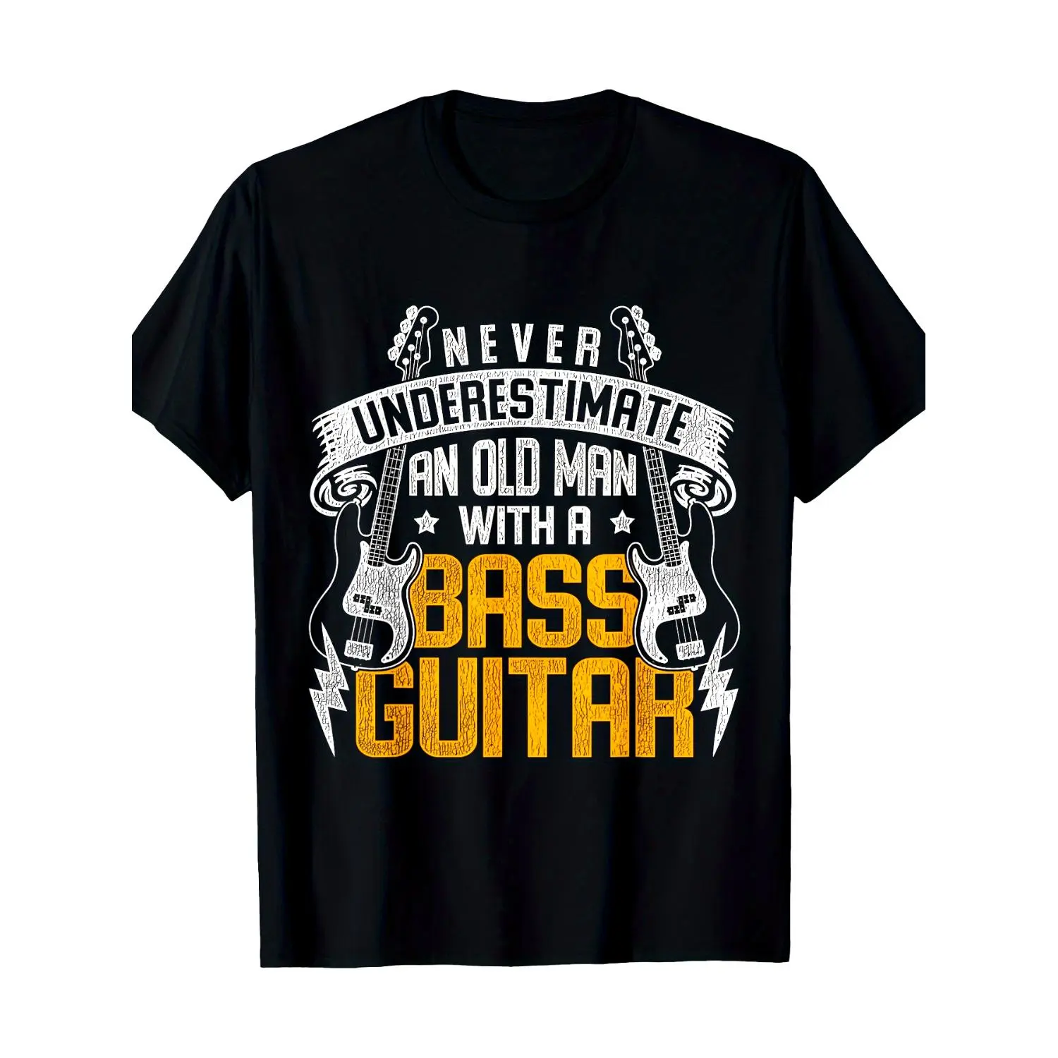 Never Underestimate An Old for Man with A Bass Guitar" Humorous T-Shirt - 100% Cotton, 220g, Short Sleeve, Crew Neck in Black with Electric Guitar Graphics and Flames - Casual Wear for All Seasons, Guitar Shirt