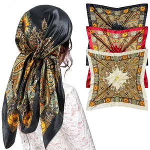 head 3Pcs Set Silk Scarf Scarftop Heads For Women Vintage Four Seasons Hair Scarve 90*90cm Hijab Foulard Iuxe Bandana Femme Heads hair wrap