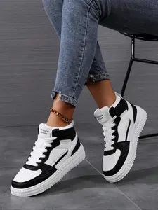 Women's Fashionable Colorblock Lace Up High Top Skateboarding Shoes, Casual Comfortable Breathable Sports Running Shoes, All-match Round Toe Sneakers for Daily Wear, Trendy Walking Sneaker