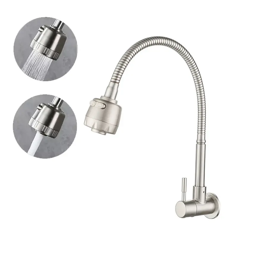 Modern Single Handle Kitchen Faucet, Wall Mounted Kitchen Faucet, Wall Mount Cold Water Switch Control Mode, Brushed Metal Finish, Easy Installation for Kitchen Sinks, Sleek Design, Water Flow Adjustment, Stainless Steel Faucet