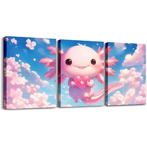 Feelyou Cute Axolotl Canvas Wall Art Prints - Decorative Sealife Cartoon Salamander Framed Posters, 12"x16" 3Pcs Cherry Blossoms Bathroom Wall Decor, Halloween Christmas Home Gifts