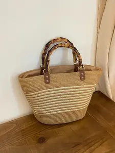 New Fashion Striped Woven Bucket Bag, Casual Bamboo Knot Straw Handbag, Large Capacity Beach Vacation Tote, All Seasons Style, Bohemian Straw Bag