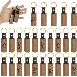 25Pcs Wooden Keychain Blanks DIY Blank Wood Keychains with Leather Straps Walnut Wood Keyring Blanks Unfinished Wooden Keychains for Engraving Key Tags Wood Crafts for DIY Key Chains 6.5x2.8cm