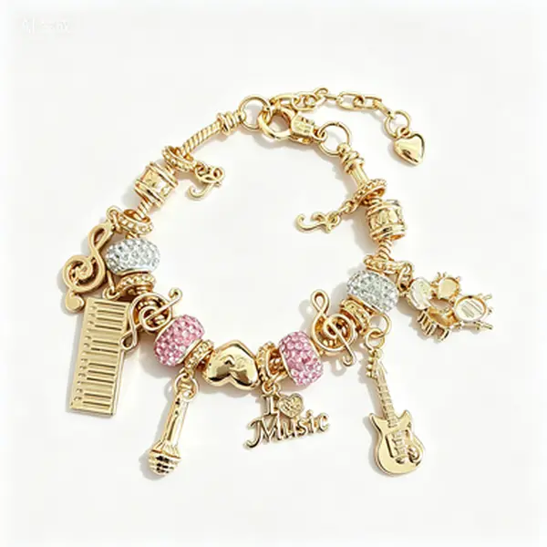 Pink Rhinestone Music Instrument Charm Bracelet, Gold Adjustable Snake Chain Beaded Bracelet, Guitar Microphone Drum Piano Music Note Wrist Jewelry, Cute Pop Music Themed Gift for Girl Musicians Teen Girls Music Lovers