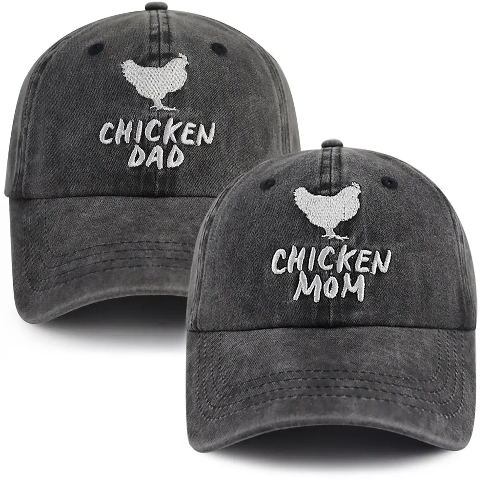 2PCS Chicken Dad and Chicken Mom Hat, Funny Adjustable Washed Cotton Embroidered Farm Baseball Cap