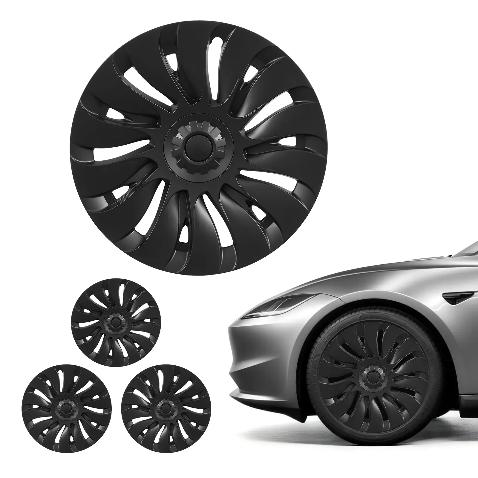 VEVOR R19 OEM-Style Wheel Skins & Rim Caps, 2021-2024 Tesla Model Y Automotive Car Accessories, 4-Piece Pre-Taped Snap-On ABS 14-Spoke Matte Black, Vehicle-Specific Fit, Easy Install, Full-Cover Design, Durable Scratch Guard