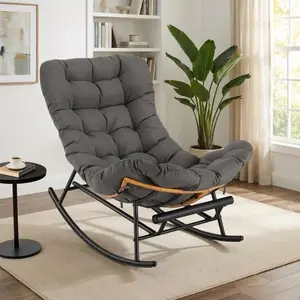 Papasan Rocking Chair with Foot Rest, Papasan Chair with Thick Removable Cushion and Metal Frame, Lounge Chairs and PE Rattan Rocker,Grey