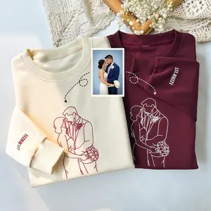 Custom Embroidered Line Art Sweatshirt from Photo, Personalized Outline Portrait Crewneck, Valentine’s Day Gift