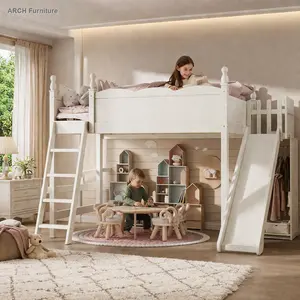 ARCH Queen Solid Wood Loft Bed with Storage Shelves, Wardrobe, Detachable Slide and Ladders, No Spring Box Needed, Beige (Patent Protected) - Children's Furniture Bed