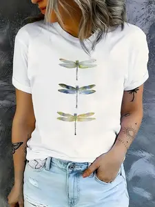Women's Dragonfly Print Round Neck Tee, Casual Printed Short Sleeve Crew Neck T-shirt for Daily Wear, Casual Everyday Wear, Ladies Clothes for All Seasons, Tops, Womenswear