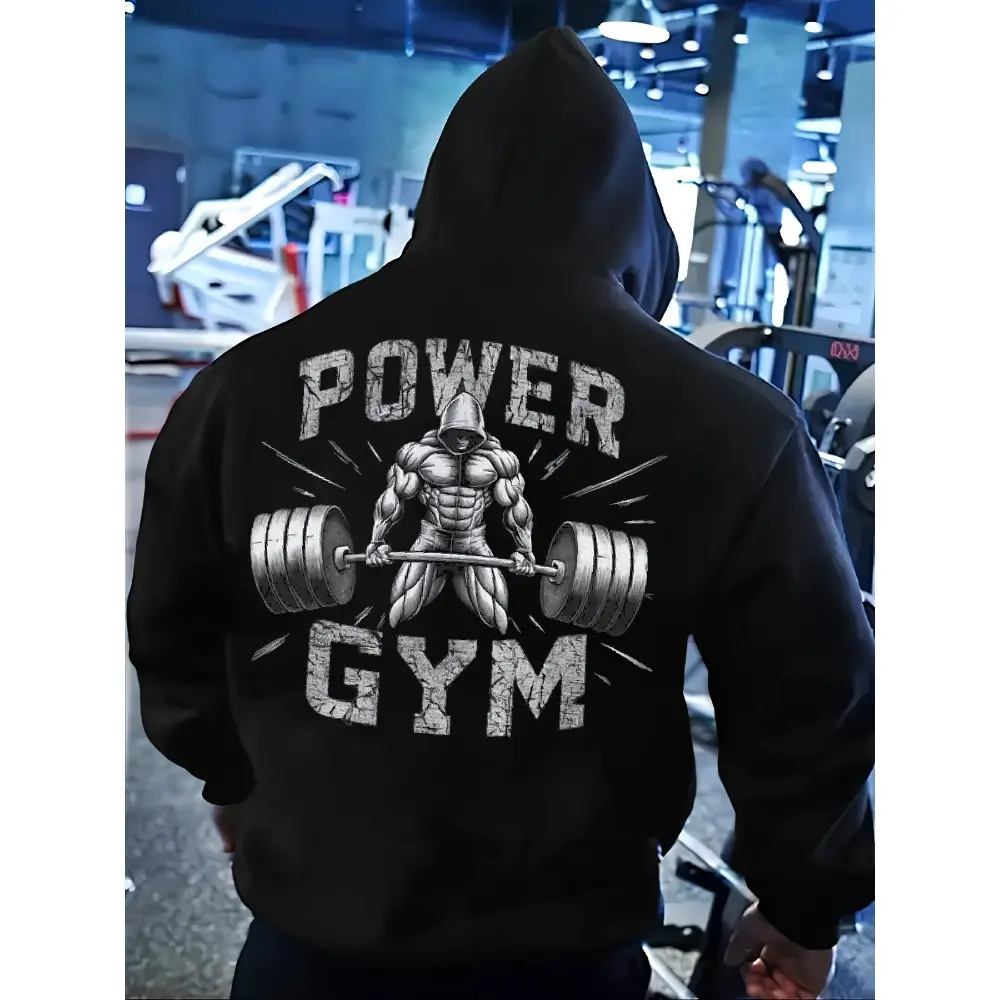 Men's Power Gym Graphic Hoodie - Soft, Breathable Cotton Blend Pullover Sweatshirt, Relaxed Fit Chic Apparel with Pockets for Weightlifting, Halloween, Long Sleeve Menswear Top