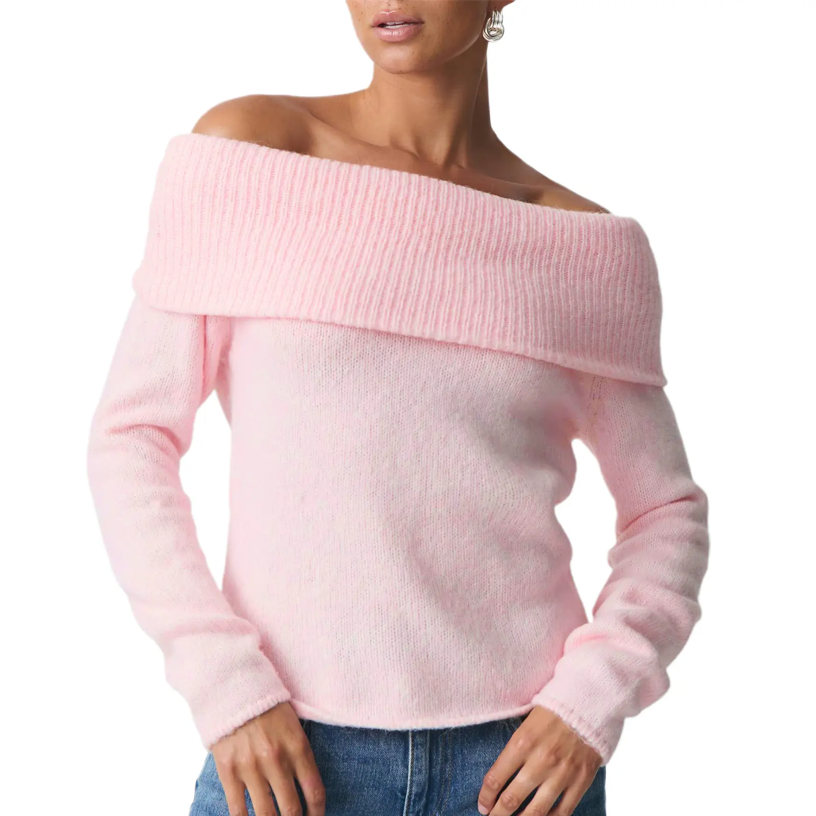 Women's Off-Shoulder Long-Sleeve Crop Sweater - Solid Color Boat Neck Loose-Fitting Polyester Pullover, Casual Knit Top, Knitting, Longsleeves