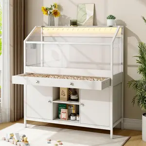 Large Hamster Cage with Storage Cabinet 2.0, 43.3“ Hamster Cages and Habitats with LED Lights and Fan, Easy View Acrylic Panel for Guinea Pig, Ferret, Rat, Hedgehog