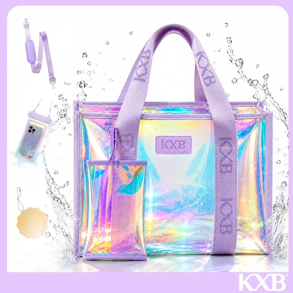 Waterproof Beach Bag for Women – Clear Iridescent Holographic Tote Bag with Makeup Bag & Waterproof Phone Pouch, Large Jelly Pool Bag for Beach, Concert, Vacation, Travel & Work