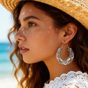 Vintage Bohemian Filigree Heart Earrings | Lightweight Antique Silver Boho Hoops for Women | Ethnic Tribal Statement Jewelry | Perfect Summer Beach & Music Festival Accessory | Meaningful Gift for Her