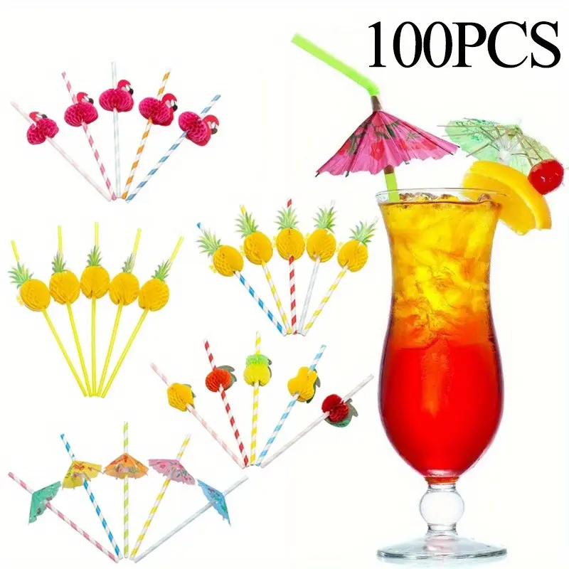 100-Piece Tropical Fruit Plastic Paper Straws - Colorful Disposable Bar Utensils for Party, Luau, Summer Event Bulk Drink Decorations