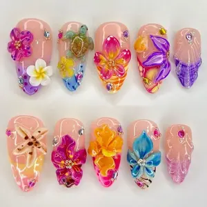 Handmade 3D Tropical Flower Nails / Summer Beach Nails / Hibiscus Plumeria Design / Glossy Gel Press On Nails / Luxury Nail Art