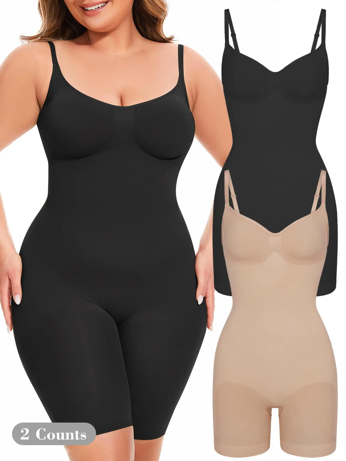 Women's Spaghetti Strap Tummy Control Shapewear Bodysuit, Open Crotch Butt Lifting Full Body Shaper, Seamless Thigh Slimmer Shorts, Womenswear