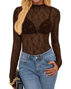 BTFBM Lace Tops for Women 2026 See Through Mesh Top Crew Neck Long Sleeve Fitted Sheer Party Club Outfits Fall Fashion