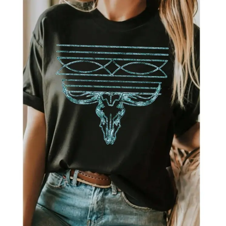 Lady's Fitted Cotton Short-Sleeve T-Shirt - Turquoise Boot Stitch Graphic, Breathable Round Neck Casual Top for Wedding, Thanksgiving, Shortsleeve, Tshirt, Crew Neck, Shirts For Women, Graphic Tees Women, Easter, Valentines Day, M, Sporty Chic, Turquoise,