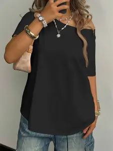 Women's Plus Size Asymmetrical Shoulder Top, Casual Fitted Short Sleeve Blouse, Trendy Fashion for Daily Wear, Everyday, Thin Fabric, Womenswear