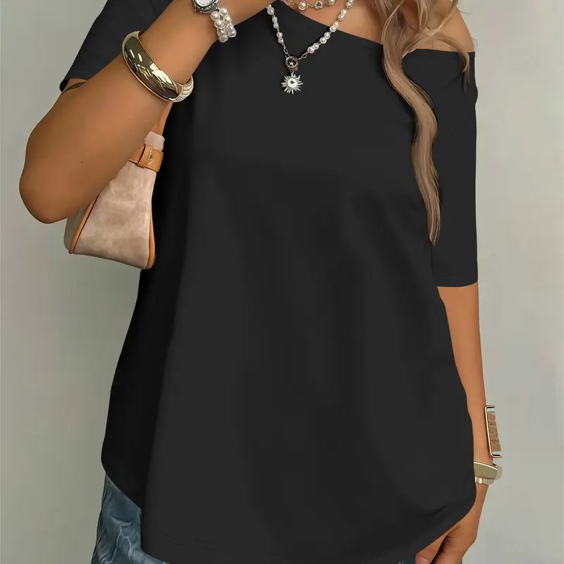 Women's Plus Size Asymmetrical Shoulder Top, Casual Fitted Short Sleeve Blouse, Casual Shirt Top, Asymmetrical Shirts, Asymmetric Design, Trendy Fashion for Daily Wear, Everyday, Thin Fabric, Womenswear