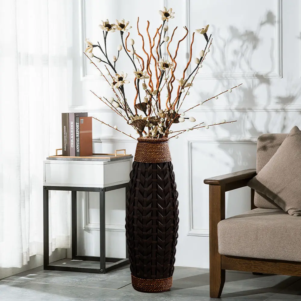 Homary 28.9" Tall Oval Woven Bamboo Rattan Standing Floor Vase - Durable Decorative Flower Vessel, Vintage Rustic Home Decor Art, Indoor Living Room Decor
