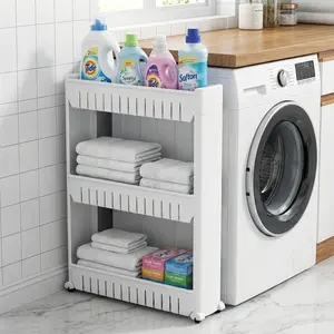 Laundry Room Storage Rack, Mobile Shelf Unit Storage Rack, With 3 Large Storage Baskets, Gap Storage Ultra-thin Sliding Food Storage Cabinet Storage Rack, Suitable For Narrow Spaces, White, Standing Shelf