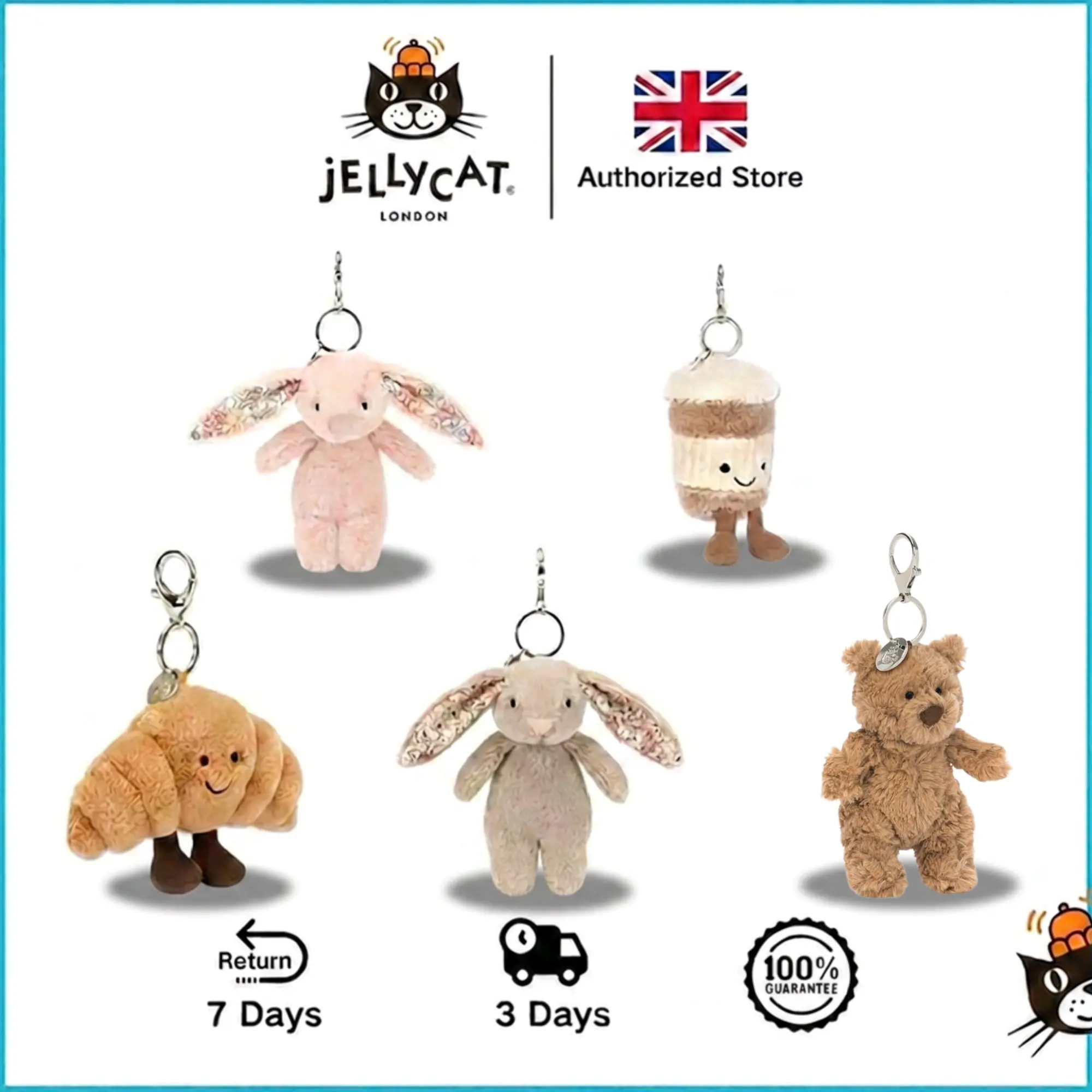 Jellycat Bag Charm Collection - Ultra Soft Plush Keychain for Backpacks, Tote Bags & School Aesthetic (Bunny, Bear, Coffee & Croissant)