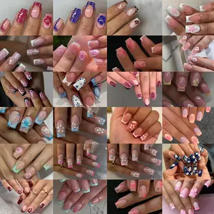576pcs Floral French Press-On Acrylic Nails, Blue, 3D Gel Petals, Steel Beads, Medium Size, Summer Manicure Essentials, Includes Glue & Files
