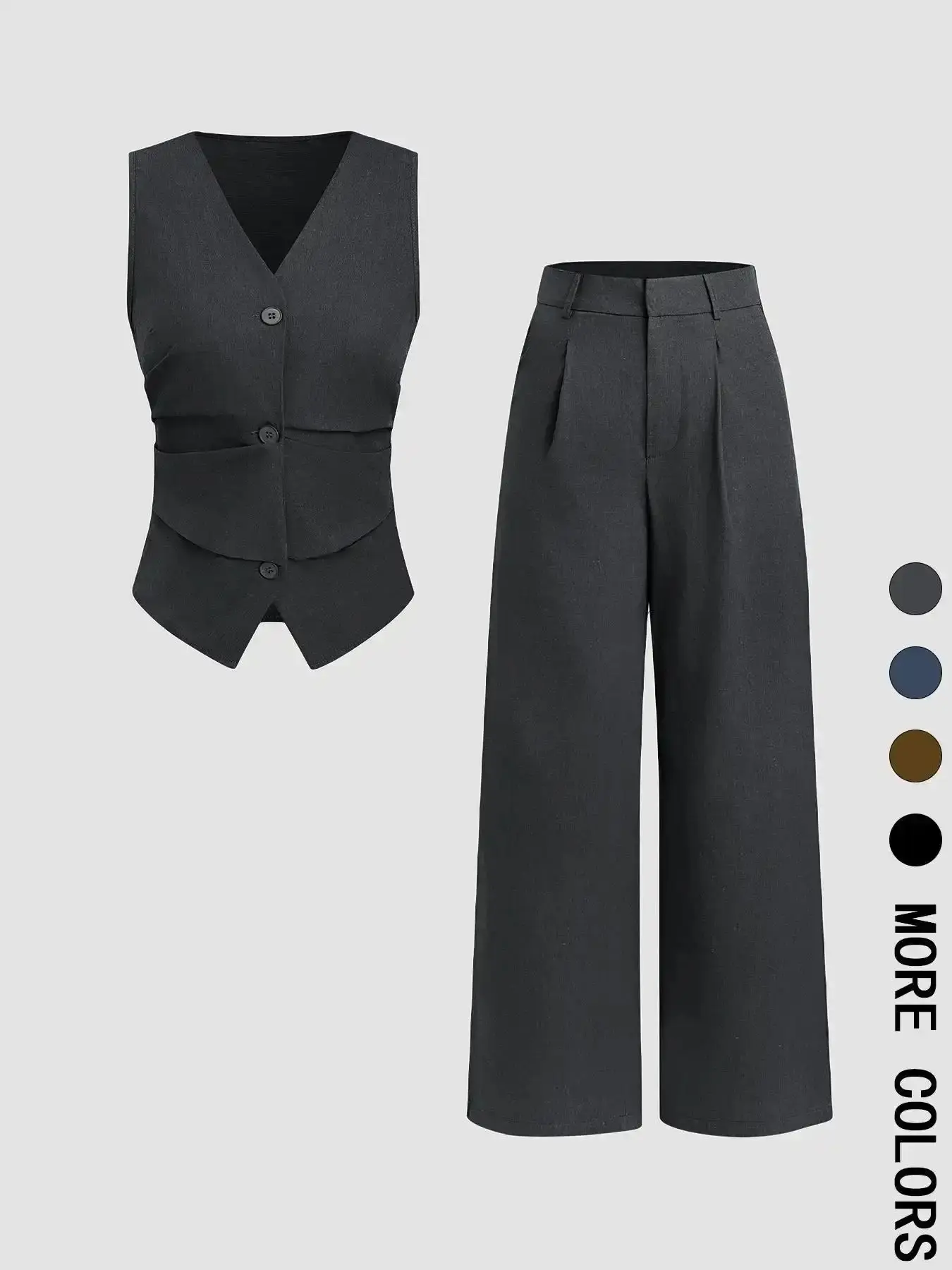 Refined Two-piece Set Women's Solid Color Vest & Wide Leg Pants Set, Elegant Fitted Fashion Casual Set for Daily Outdoor Wear, Women Clothing for All Seasons, Suits, Work Office Suit, Summer Set, tailored comfort