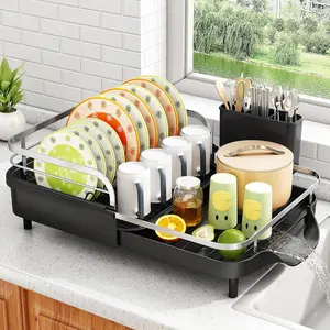 Dish Drying Rack - Expandable Dish Rack for Kitchen Counter, Rust-Resistant Dish Drainer with Utensil Holder and Raised Guardrail, Kitchen Organizer for Cup and Bottle (Black)