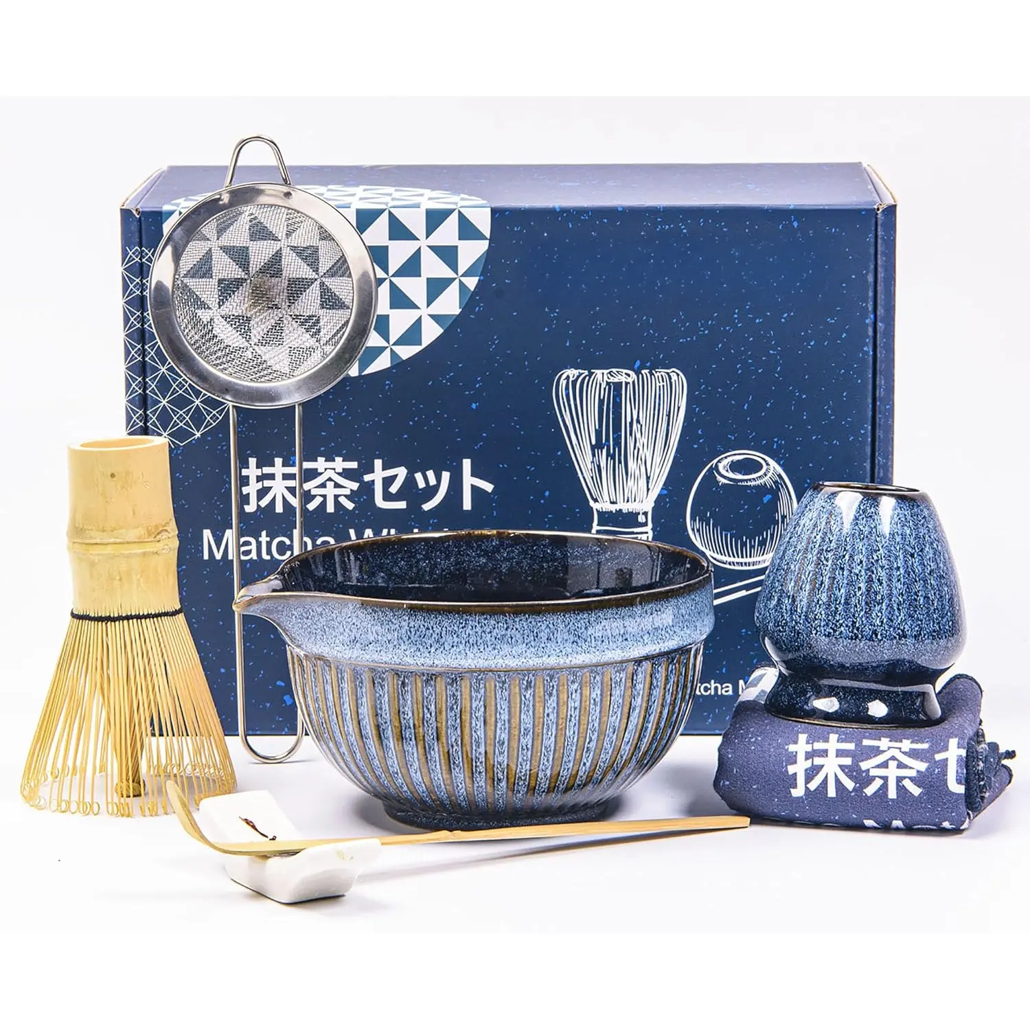 Matcha Whisk Set 7 count - Includes Matcha Bowl with Spout,  Whisk, Scoop, Ceramic Holders, Stainless Sifter, Towel -  Matcha Starter Kit for  Ceremony,   Making Tools