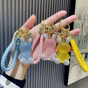 Fashionable Bear Diamond Keychain with Crystal Bell Car Key Accessories Knapsack Ornament Gift for Women Resin Key Chains