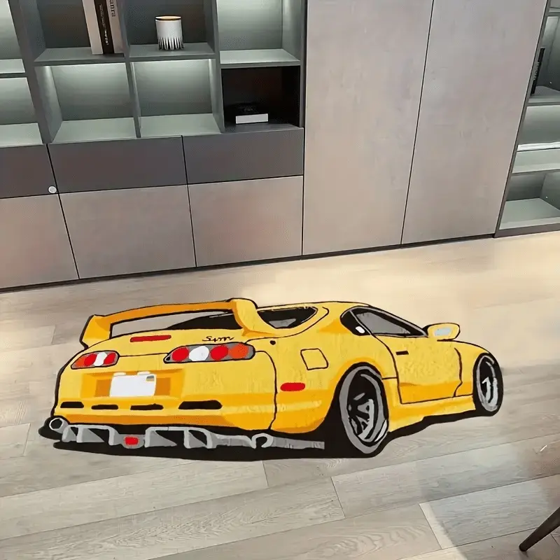 A creative yellow sports car carpet, irregular special-shaped car floor mat, washable, soft and comfortable home living room decoration carpet, bedroom bedside carpet, non-slip entry floor mat