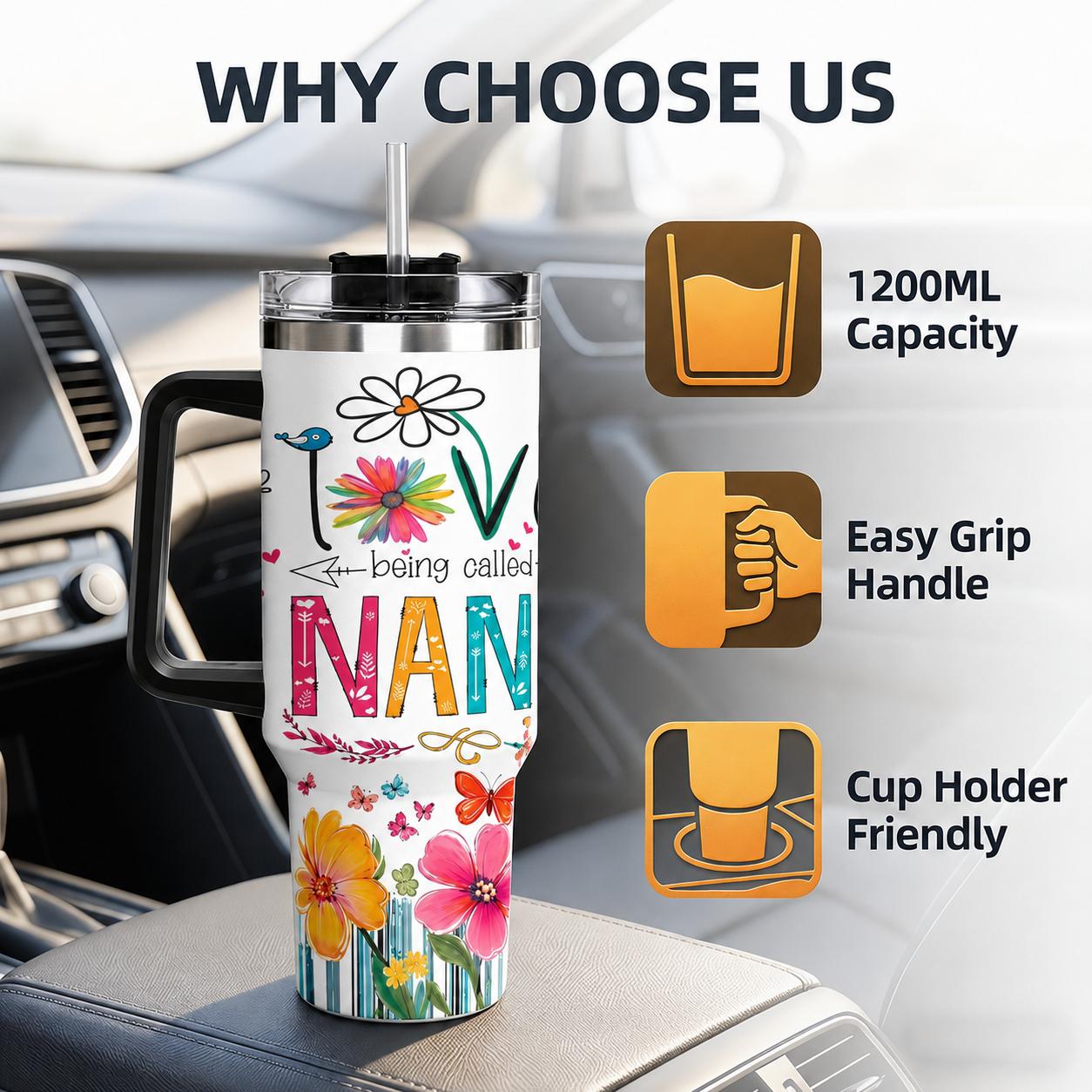 GuLuBoo Love Nana 40oz (1,000-2,000 ml) Stainless Steel Floral Letters Vacuum Flask - Leak-Proof, Anti-Scalding Tumbler with Straw & Handle, Cup Holder Friendly & Easy Carry, Girls' Garden/Gym Daily Coffee Drinkware, Ideal Family Gift