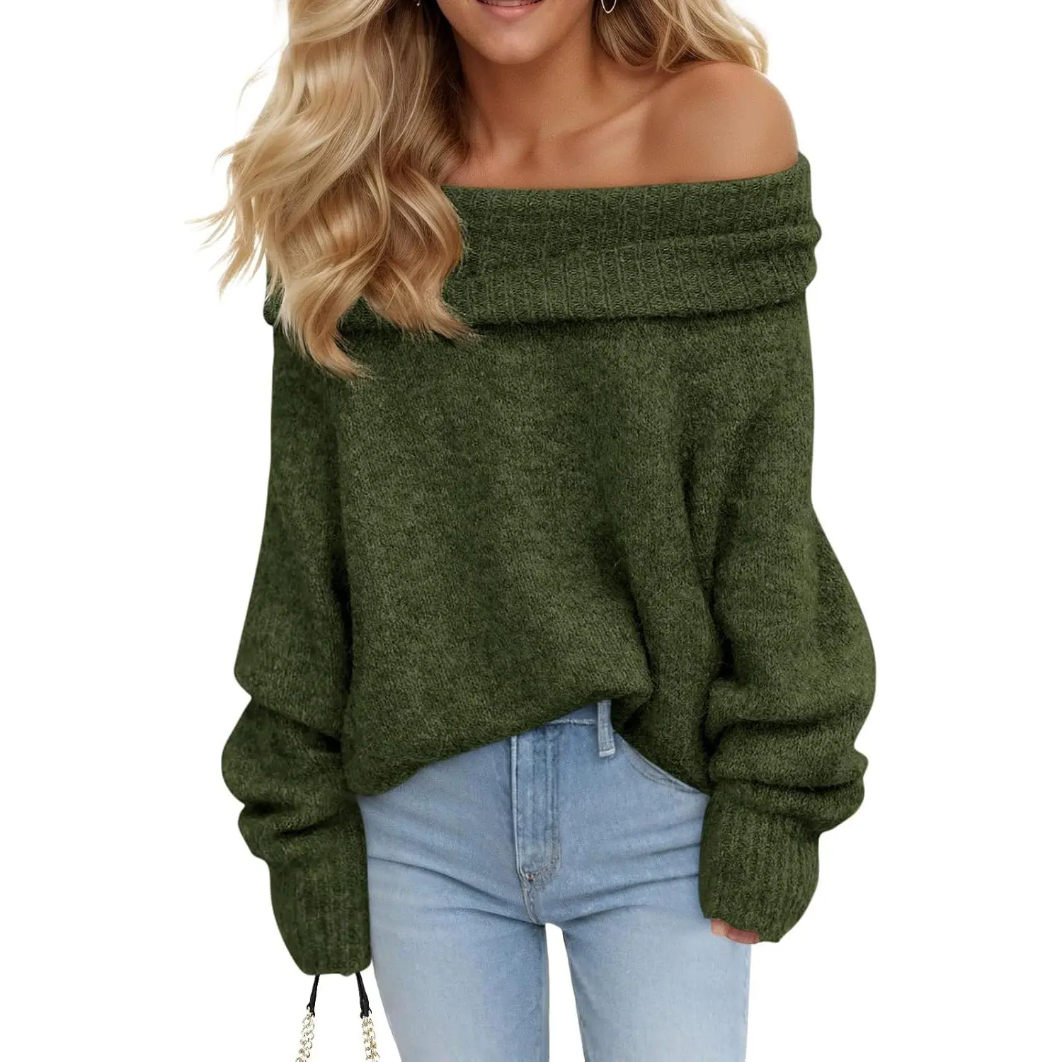 Saodimallsu Women's Off-The-Shoulder Oversized Long-Sleeve Loose Ribbed Knit Pullover, Minimalist Casual Sexy Tops with Premium Fabric for Fall