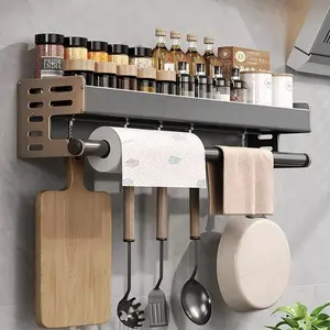 Stylish Wall-Mounted Kitchen Condiment Rack with Storage Box Multifunctional Household Utensil Rack with Oil Vinegar Dispenser, Kitchen Storage Rack, Wall Mounted, Space Aluminum, No Punching Required, Seasoning Storage Shelf Organiser Water Proof