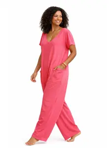 Women’s Loose Fit V Neck Short Sleeve Jumpsuit with Pockets Casual Baggy Romper Lounge Wear Summer One Piece Outfit