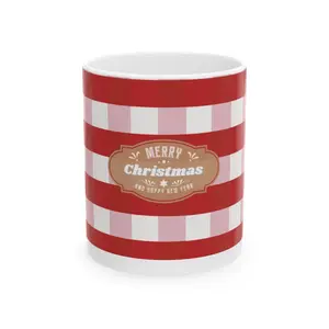ECF Merry Christmas Striped Ceramic Mug - Durable Red-and-White Gingham Design, Microwave & Dishwasher Safe, 11oz/15oz, Festive Holiday Gift, Full-Wrap Print, ECF Christmas Collection - Drinkware