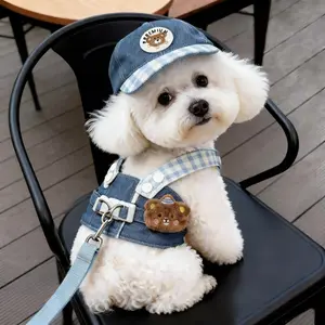 denim pet strap set, breathable summer cat clothing, cat and dog universal outdoor walking vest, Leashes