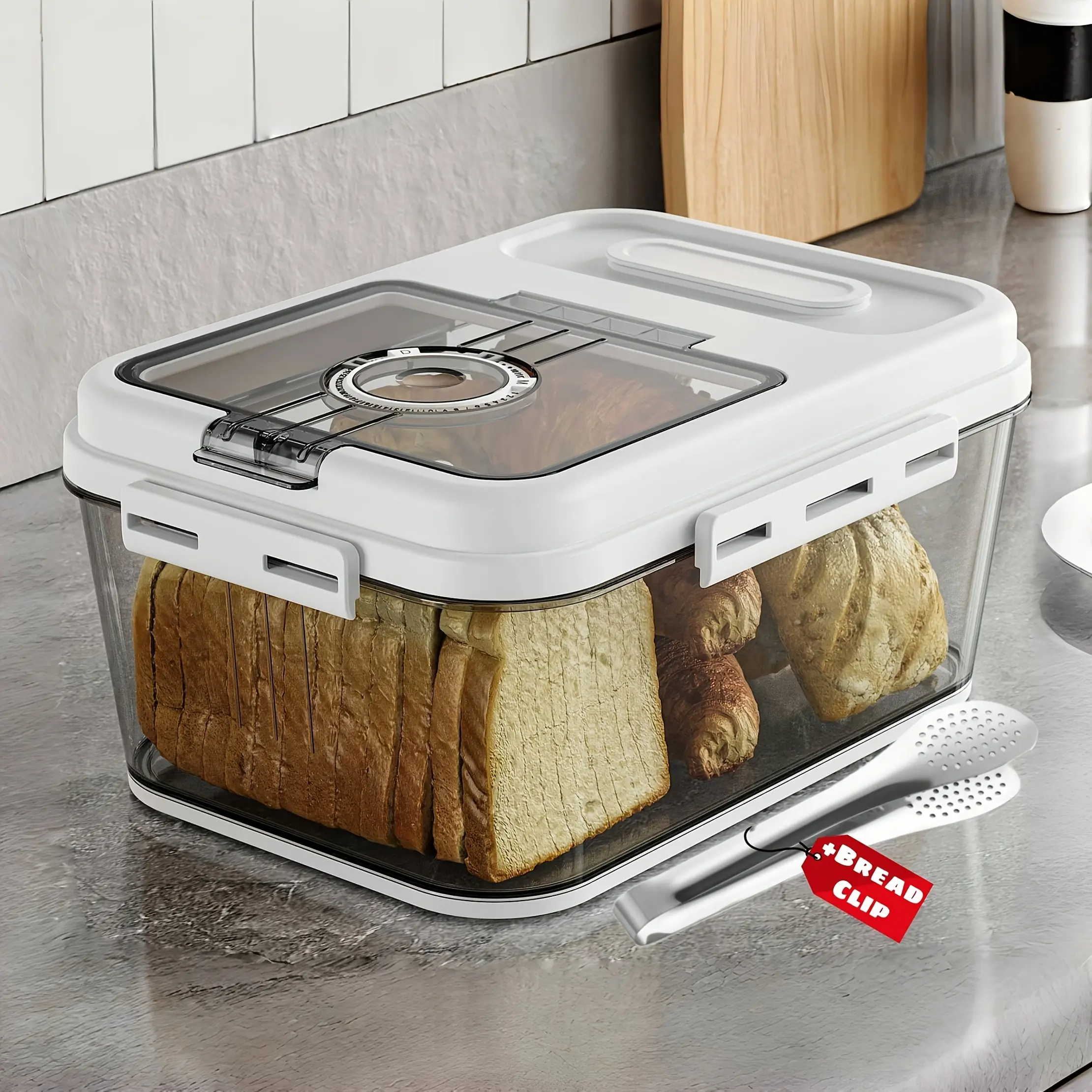 White Airtight Bread Storage Box - 1.32 Gal Flip-Top Countertop Storage Container for Kitchen, Cereals, Fruits, with Multiple Bread Clips & Measuring Cup Gifts, Stylish Stackable Multifunctional Preserving Jar