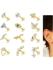 12Pcs 16G Cartilage Earrings Stud for Women Surgical Steel Top Screw Flat Back Earrings Flatback Stud Earrings Bee Butterfly Snake Evil Eye Opal CZ Cartilage Earrings Tragus Helix Piercing Jewelry Earrings Set