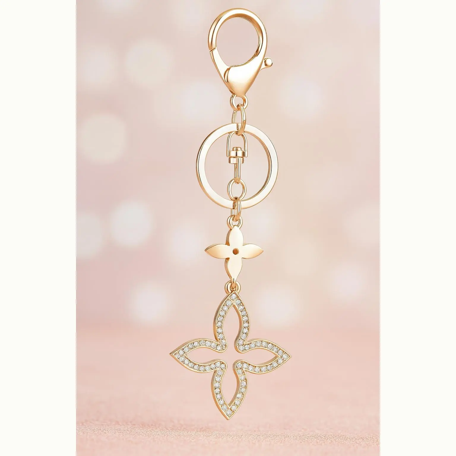 Elegant Gold Bag Charm with Crystal Accents 6.1"x2.2" - Includes Ring & Clasp for Strap Extension- Perfect for Everyday Use & Special Occasions