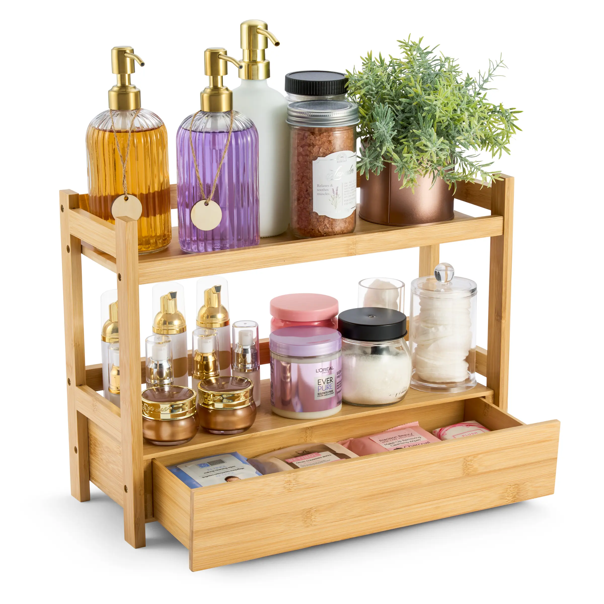 Sorbus 2-Tier Natural Bamboo Counter Rack with Hidden Drawer - Bathroom Sink Organizer, Kitchen/Bath Cabinet-Rack for Saving Counter Space, Home Storage Solution